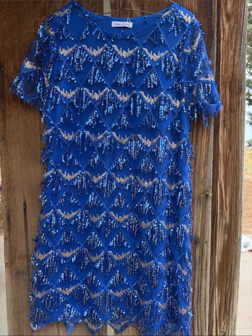 Vivi Couture Blue Beaded Short Sleeve Dress